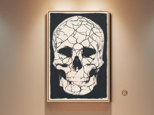 Framed gothic cracked skull artwork hangs on a beige wall. Macabre skull canvas art adds an eclectic touch to the room. The black red and white print is perfect for dark academia decor or Halloween spooky wall art. Consider this unique macabre artwork as a gift.