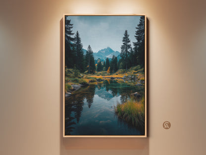 Framed mountain lake artwork. The photo shows a tranquil lake reflecting the majestic mountain peaks. Tall trees surround the clear water. This wall art adds natural beauty to any space. Buy this nature art piece today.