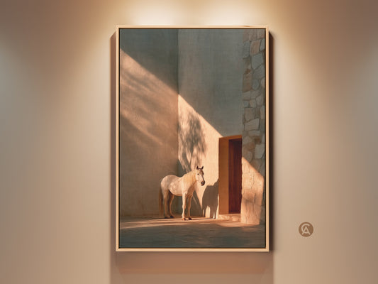 Equestrian horse wall art in warm ochre and beige tones. This minimalist photorealistic art print captures a horse in golden hour light. A modern decor gift for entry halls. The light and shadow play create a chic animal wall art piece. A fine art horse painting perfect for equestrian home decor.