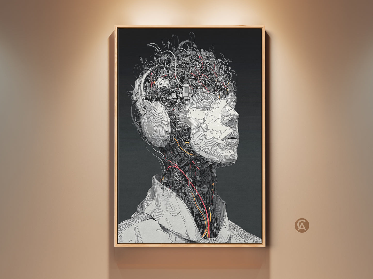 Framed artwork of a cyborg head wearing headphones. The art features intricate mechanical details and a modern style. This piece is perfect for adding a tech-inspired touch to any room. The artwork is displayed in a warm-toned frame on a neutral wall.