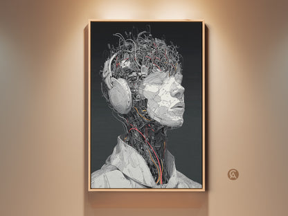 Framed artwork of a cyborg head wearing headphones. The art features intricate mechanical details and a modern style. This piece is perfect for adding a tech-inspired touch to any room. The artwork is displayed in a warm-toned frame on a neutral wall.