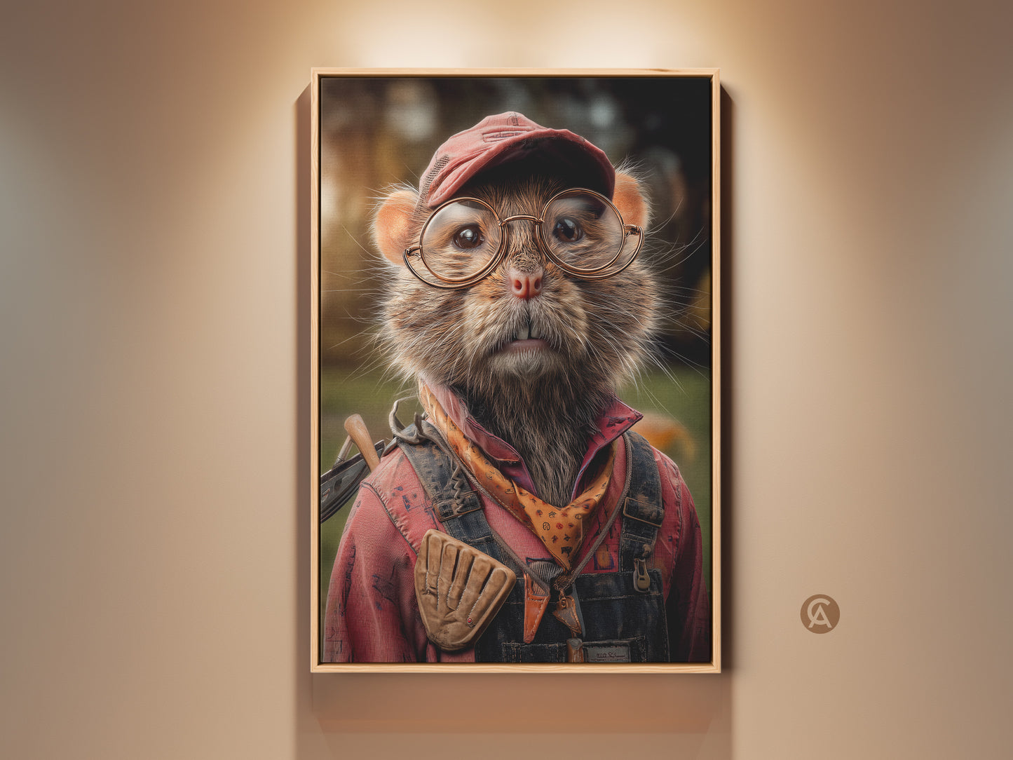 Charming mouse art print features an animal dressed in red overalls and glasses. A whimsical piece perfect as an outdoorsman gift. This eclectic den decor adds nature-inspired charm to any space. The artwork brings personality and unique style to your home decor. This piece also serves as unique animal wall hanging.