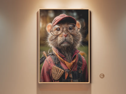 Charming mouse art print features an animal dressed in red overalls and glasses. A whimsical piece perfect as an outdoorsman gift. This eclectic den decor adds nature-inspired charm to any space. The artwork brings personality and unique style to your home decor. This piece also serves as unique animal wall hanging.