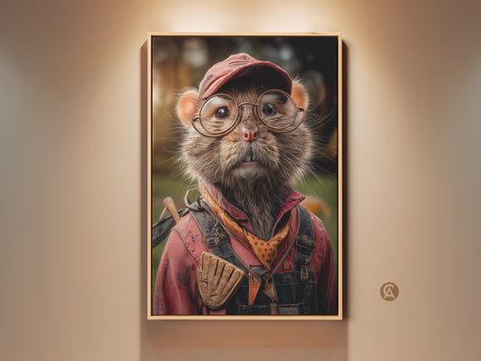 Charming mouse art print features an animal dressed in red overalls and glasses. A whimsical piece perfect as an outdoorsman gift. This eclectic den decor adds nature-inspired charm to any space. The artwork brings personality and unique style to your home decor. This piece also serves as unique animal wall hanging.