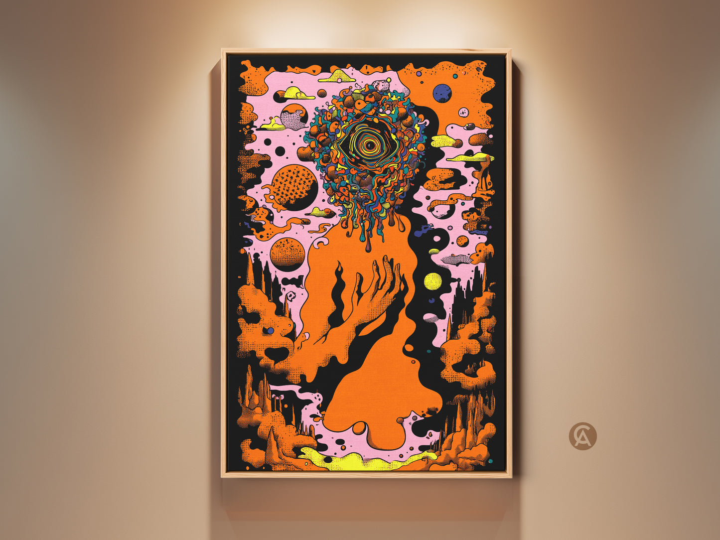 A surreal abstract art print in a frame. The artwork features an orange eye head in a psychedelic style. This eclectic office wall decor makes a unique gift for art lovers. The black frame enhances the bold colors of the canvas adding to its unique appeal.