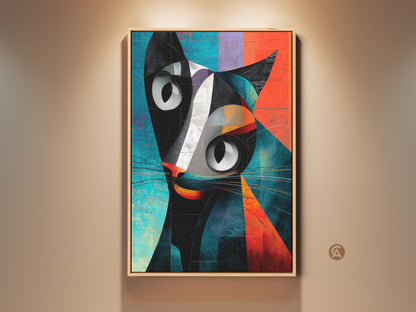 Geometric Cat Wall Artwork. This abstract cubist print features bold black orange and teal colors. A modern animal canvas adds a contemporary touch to your home decor. This artwork is perfect for cat lovers and art enthusiasts. It's a unique and colorful addition to any room.