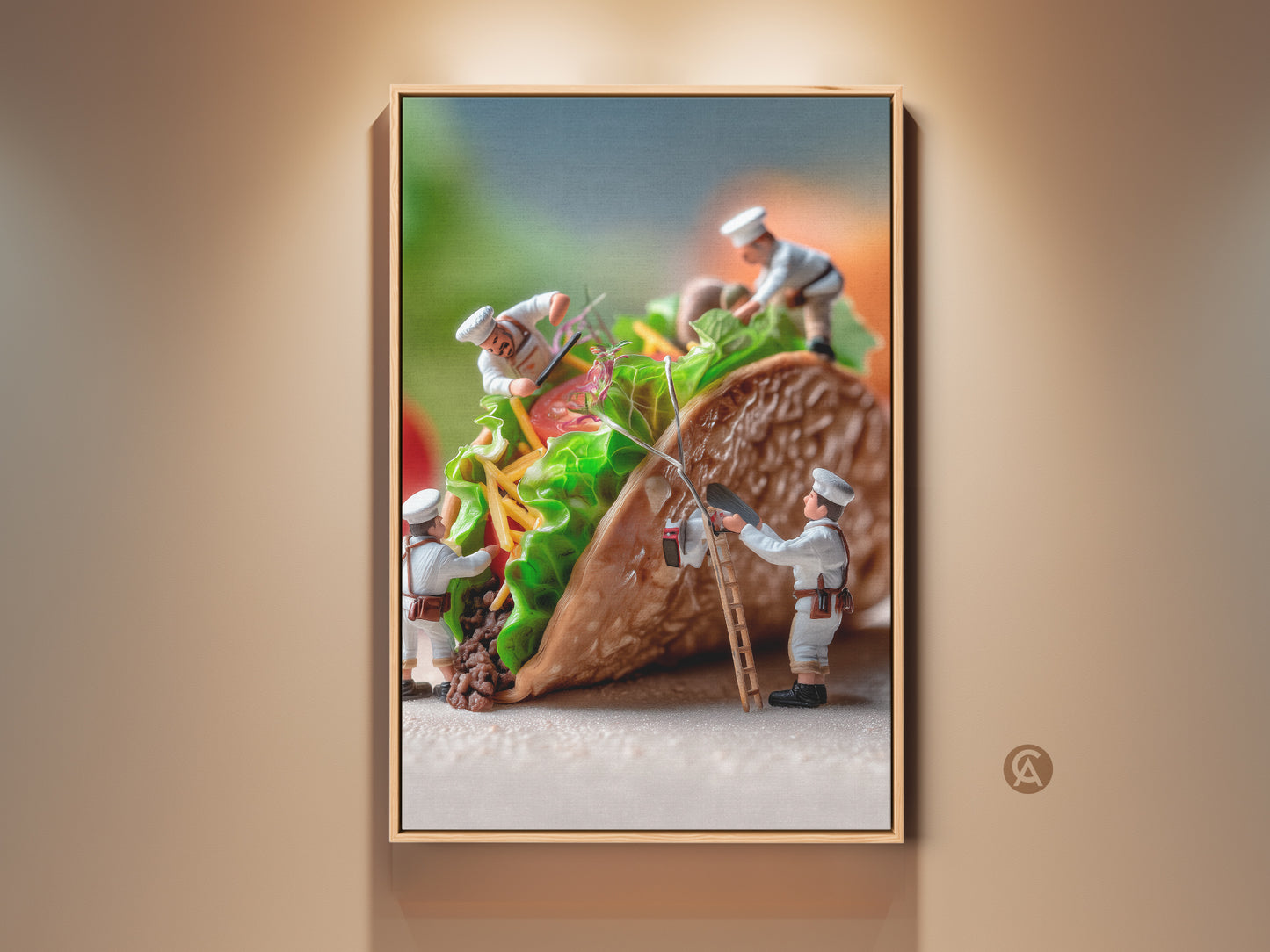 Framed artwork of miniature chefs constructing a taco. This food art features a unique perspective. The chefs add lettuce tomatoes and cheese to the taco. It's a playful and creative food photography piece. Perfect for kitchen or dining room wall art.