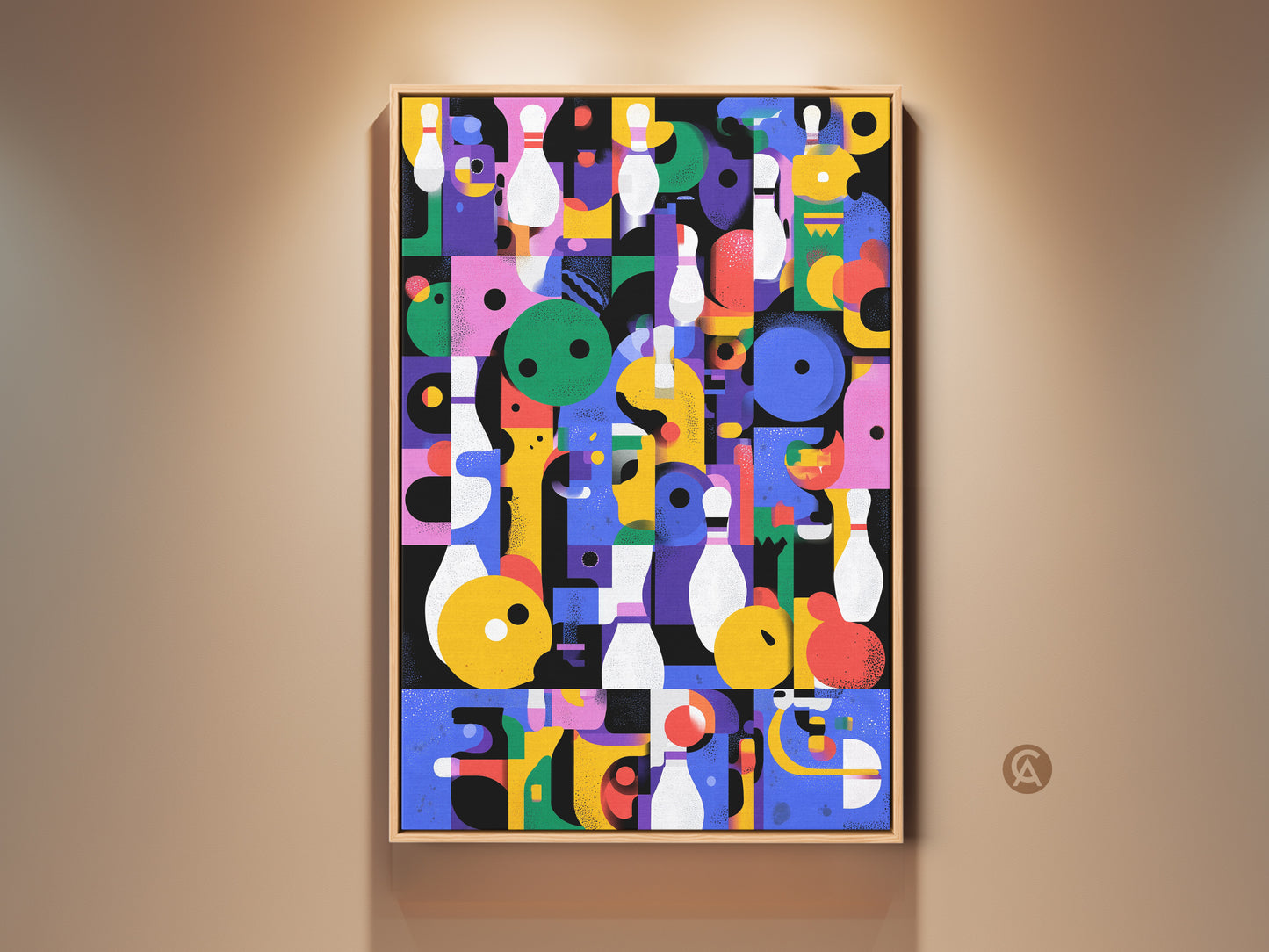 Framed Geometric Abstract Wall Art. A retro bowling canvas print in a mid-century modern style. This colorful eclectic decor features yellow blue and purple hues. Enhance your game room or office with this unique artwork.