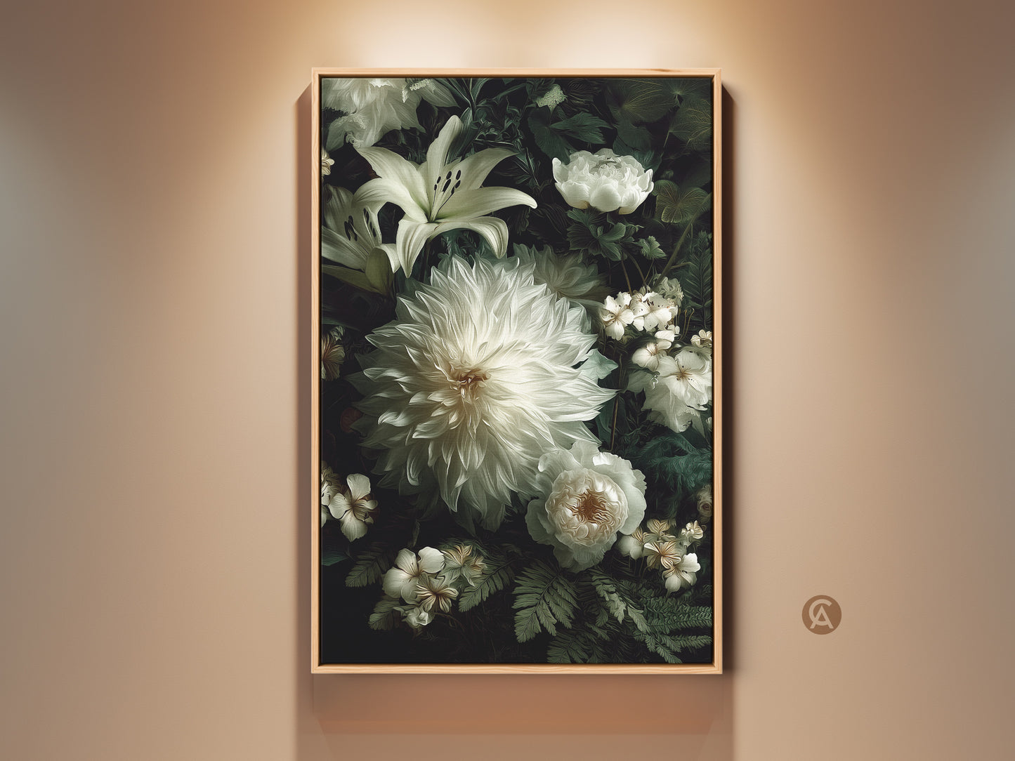 Framed floral artwork featuring white dahlia lilies and roses. This botanical art print adds elegance to any room. The artwork is displayed on a beige wall. Enhance your home with this beautiful framed art.
