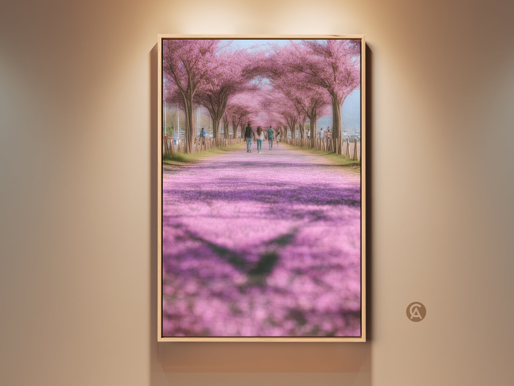 Impressionistic cherry blossom art print in a modern farmhouse style. Soft pink blossoms line a path where people stroll. A romantic spring nature scene is captured in this artwork. Perfect wall decor to bring spring indoors. This is a thoughtful gift for nature lovers.