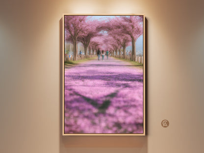 Impressionistic cherry blossom art print in a modern farmhouse style. Soft pink blossoms line a path where people stroll. A romantic spring nature scene is captured in this artwork. Perfect wall decor to bring spring indoors. This is a thoughtful gift for nature lovers.