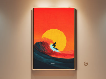 Coastal sunset wave art print. Surfing ocean canvas wall art showcased in a warmly lit room. This piece brings a splash of color and energy to any space. Perfect gift for surfers or beach lovers. The orange yellow and teal tones create a vibrant and soothing coastal atmosphere.