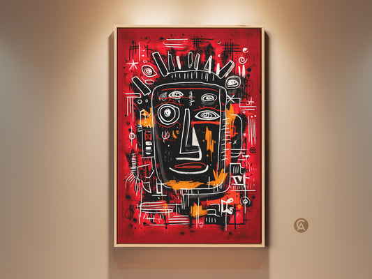 Abstract face art displayed on a beige wall. The artwork features a black face with white outlines and a red background. A modern art piece perfect for adding a bold statement to any room.