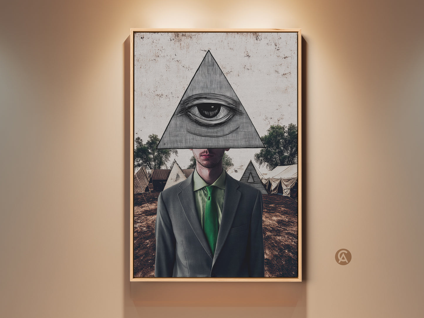 Framed eclectic surrealist eye collage. This Pyramid Man art print adds symbolic green grey brown wall decor to any office or study. Enhance your space with this unique art.