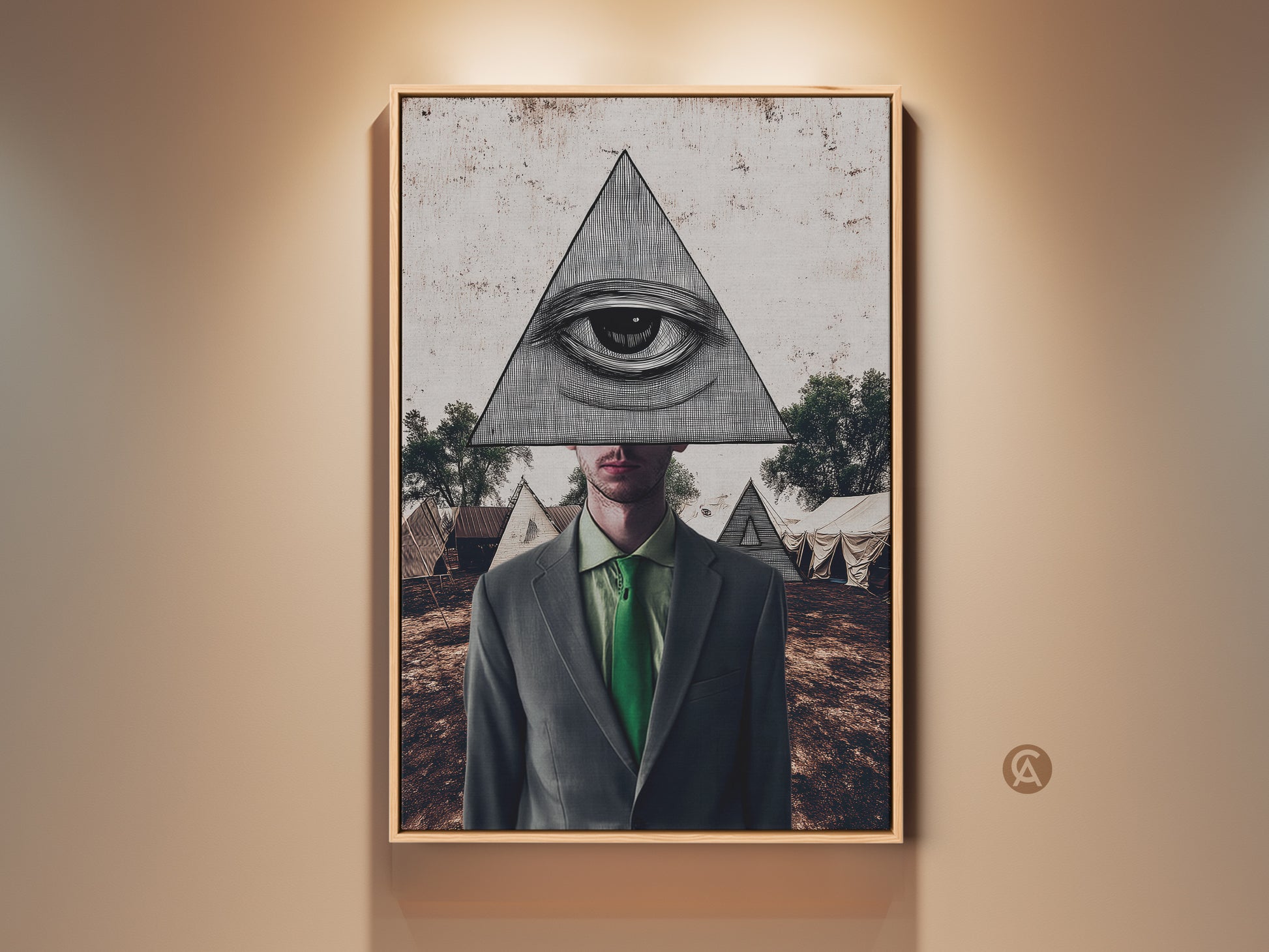 Framed eclectic surrealist eye collage. This Pyramid Man art print adds symbolic green grey brown wall decor to any office or study. Enhance your space with this unique art.