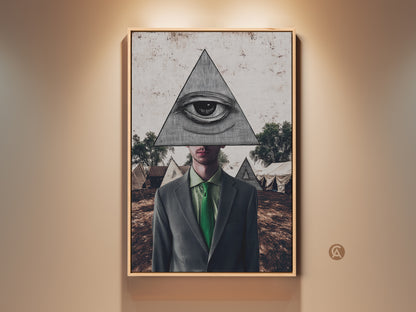 Framed eclectic surrealist eye collage. This Pyramid Man art print adds symbolic green grey brown wall decor to any office or study. Enhance your space with this unique art.