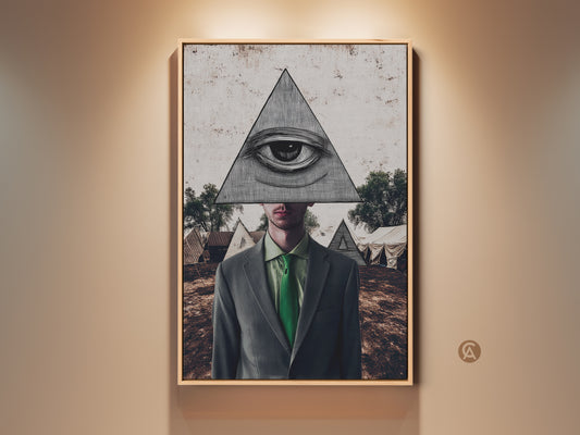 Framed eclectic surrealist eye collage. This Pyramid Man art print adds symbolic green grey brown wall decor to any office or study. Enhance your space with this unique art.