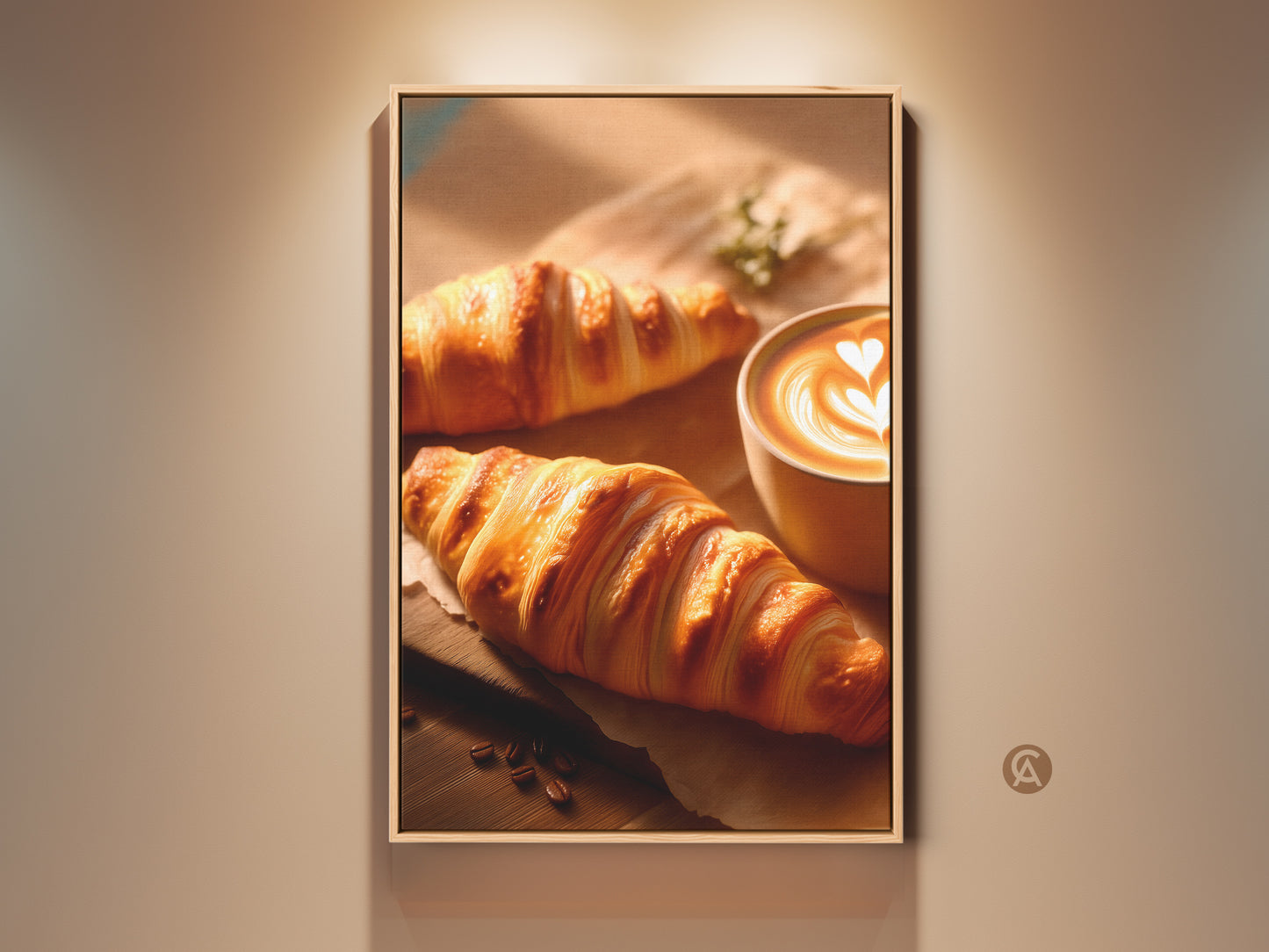 Framed Croissant and Latte Artwork. Contemporary kitchen art featuring golden croissants and latte art. Warm beige and brown tones. Perfect coffee lover gift idea. Appealing kitchen artwork enhances cafe decor.