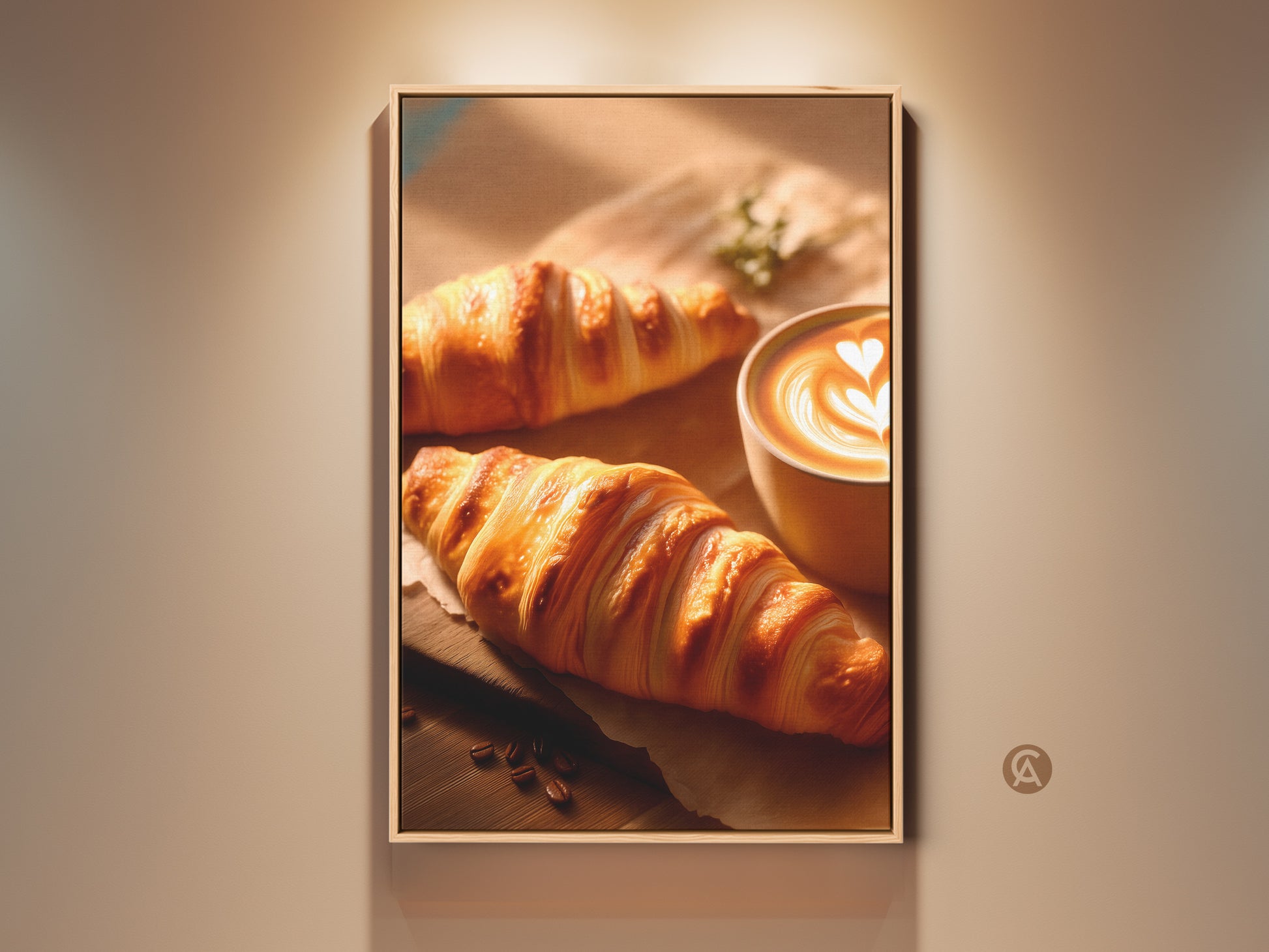 Framed Croissant and Latte Artwork. Contemporary kitchen art featuring golden croissants and latte art. Warm beige and brown tones. Perfect coffee lover gift idea. Appealing kitchen artwork enhances cafe decor.