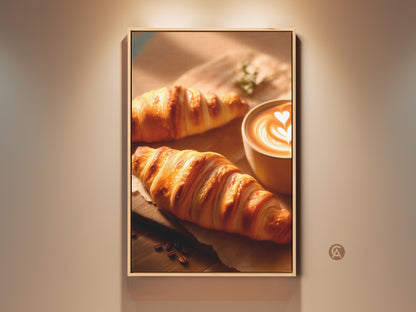 Framed Croissant and Latte Artwork. Contemporary kitchen art featuring golden croissants and latte art. Warm beige and brown tones. Perfect coffee lover gift idea. Appealing kitchen artwork enhances cafe decor.