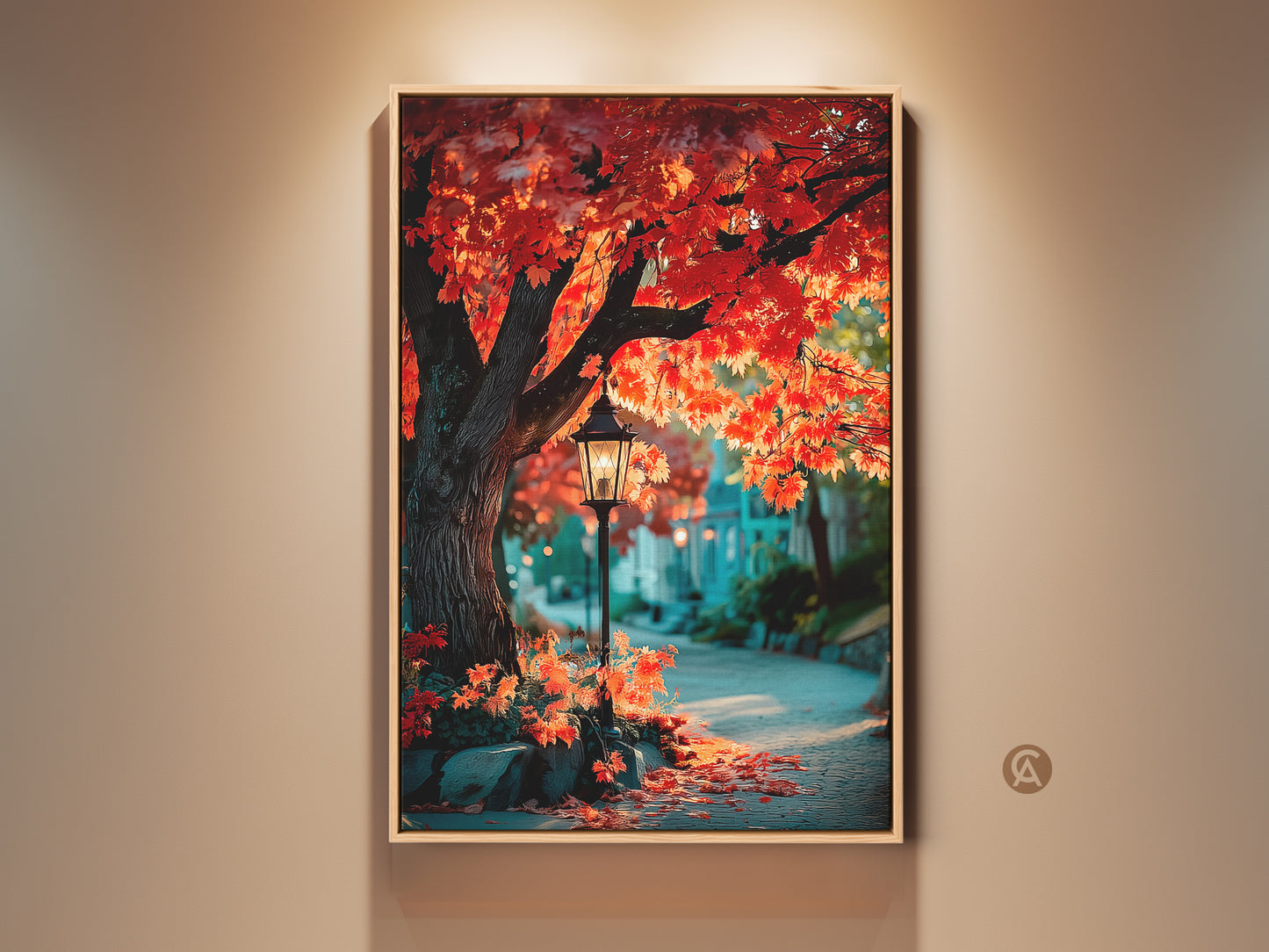 Experience the charm of autumn with this framed art print. A vibrant maple tree with fiery red leaves stands beside a vintage street lamp. This artwork captures a serene street scene bathed in warm light. Perfect for adding a touch of seasonal beauty to your home decor.