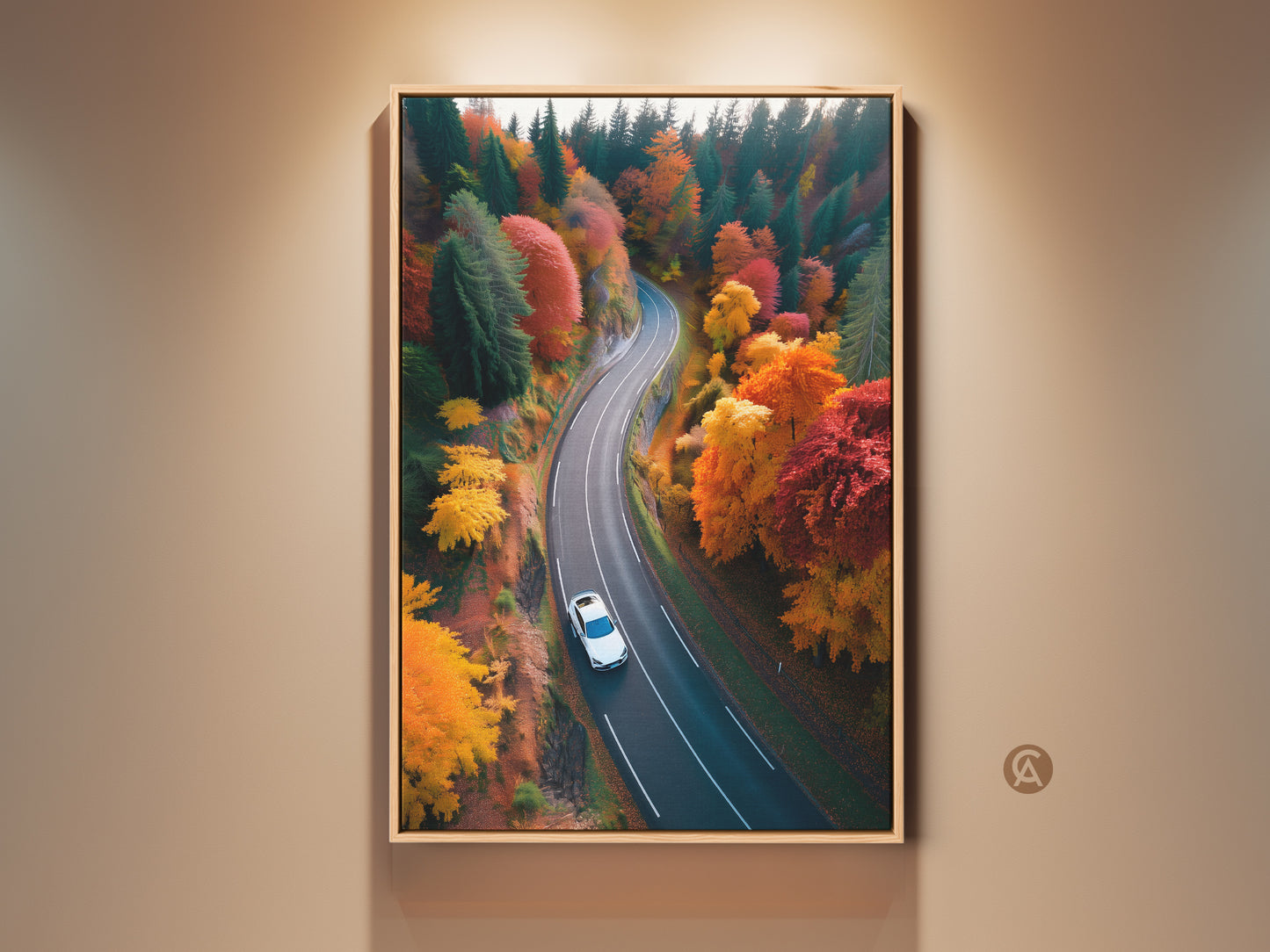Experience autumn's beauty with this scenic forest canvas print. A winding road showcases a white car amid vibrant fall colors. This nature photography wall art brings the outdoors in. It's perfect for travel enthusiasts seeking road trip souvenir art.