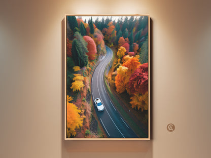 Experience autumn's beauty with this scenic forest canvas print. A winding road showcases a white car amid vibrant fall colors. This nature photography wall art brings the outdoors in. It's perfect for travel enthusiasts seeking road trip souvenir art.