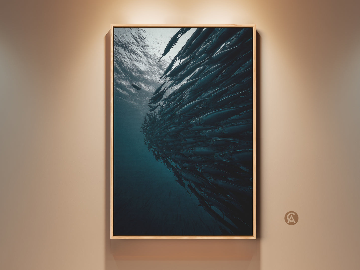 Deep blue and gray teal canvas print featuring a school of fish. This contemporary underwater ocean wildlife artwork adds a modern touch. Perfect housewarming present art for marine life lovers. The gallery-wrapped fish print creates a cinematic underwater scene for residential bedroom wall art.