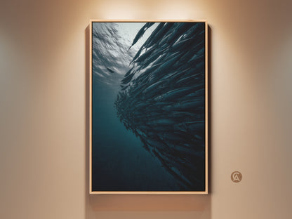 Deep blue and gray teal canvas print featuring a school of fish. This contemporary underwater ocean wildlife artwork adds a modern touch. Perfect housewarming present art for marine life lovers. The gallery-wrapped fish print creates a cinematic underwater scene for residential bedroom wall art.