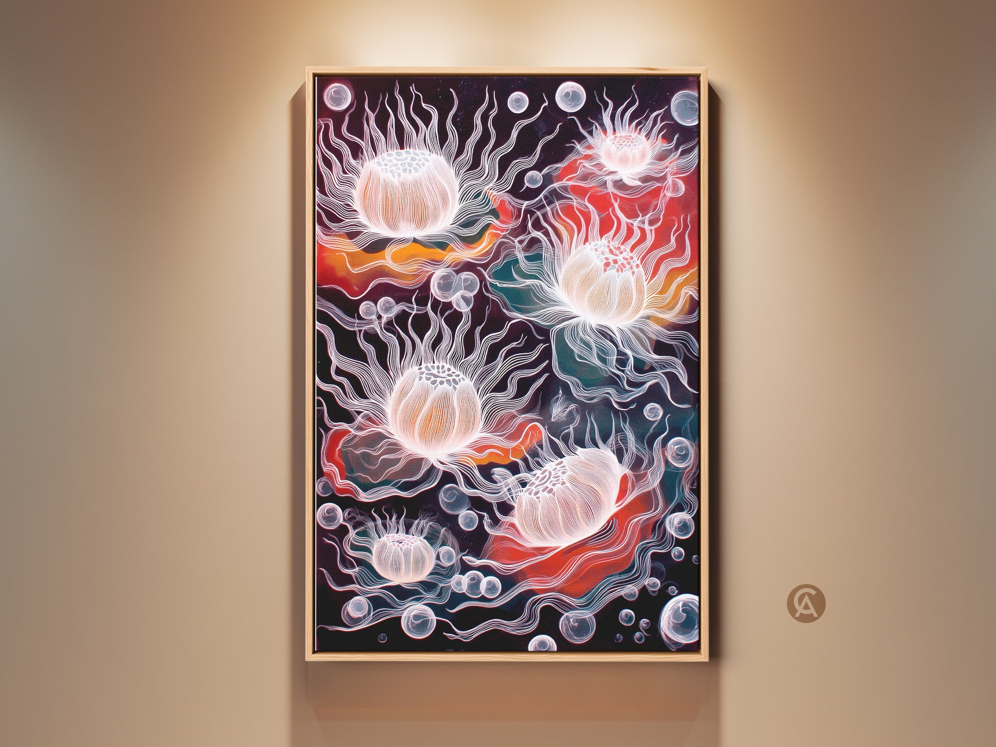 Framed view of abstract jellyfish artwork. This surreal underwater art print features a coral orange and teal palette. It's eclectic wall decor that adds marine life charm. The jellyfish line art creates a bubble themed aesthetic. Perfect as a unique birthday gift for her or modern office wall art.
