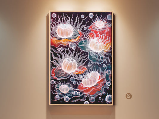 Framed view of abstract jellyfish artwork. This surreal underwater art print features a coral orange and teal palette. It's eclectic wall decor that adds marine life charm. The jellyfish line art creates a bubble themed aesthetic. Perfect as a unique birthday gift for her or modern office wall art.