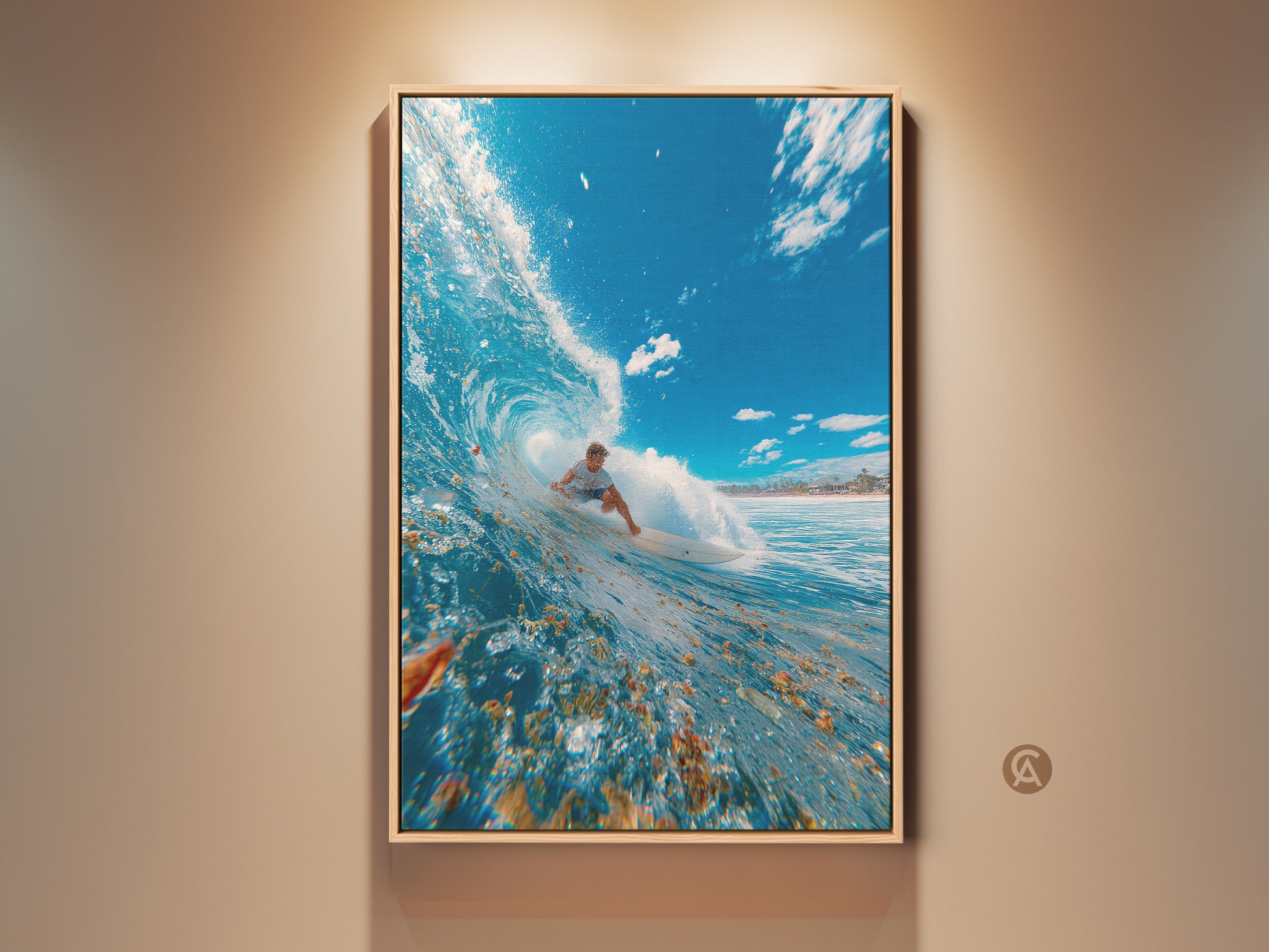 Framed canvas art featuring a surfer riding inside a powerful wave. The artwork captures the energy of the ocean. The surfer is surrounded by crystal-clear blue water and white foam. Perfect wall decor for surf enthusiasts. Add a touch of the ocean to your home with this stunning surfing art.