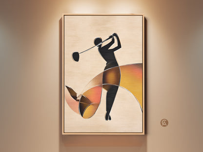 Modern abstract golfer art print. A golfer in motion with black silhouette. Beige background & subtle orange accents. Contemporary sports artwork for office or golf lover gift.
