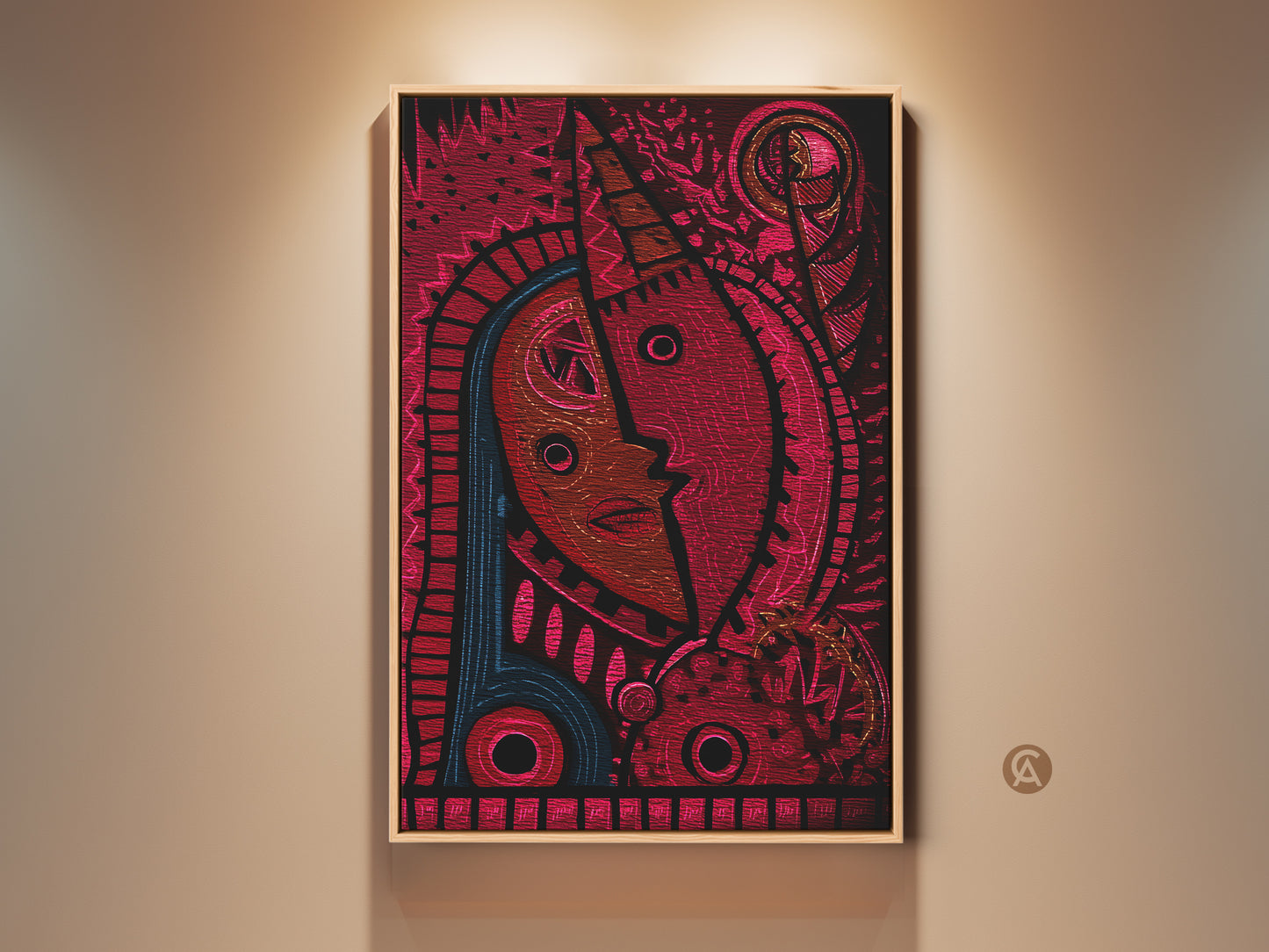 Eclectic Abstract Face artwork for entryway decor. Red and magenta hues create a bold statement. A tribal mask canvas art print adds a unique modern folk touch. This piece is a perfect housewarming gift for art lovers.
