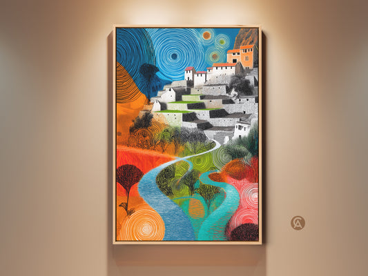Abstract folk art village canvas print. This eclectic wall art features a vibrant terraced landscape. Blue green and orange tones create a unique and inviting aesthetic. Perfect housewarming gift for travel lovers Adds charm to any room with this artistic village scene.