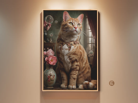 Vintage orange tabby cat art print. It features a regal cat with a decorative collar sitting near flowers. This eclectic art is ideal as a gift for a cat mom or housewarming present.