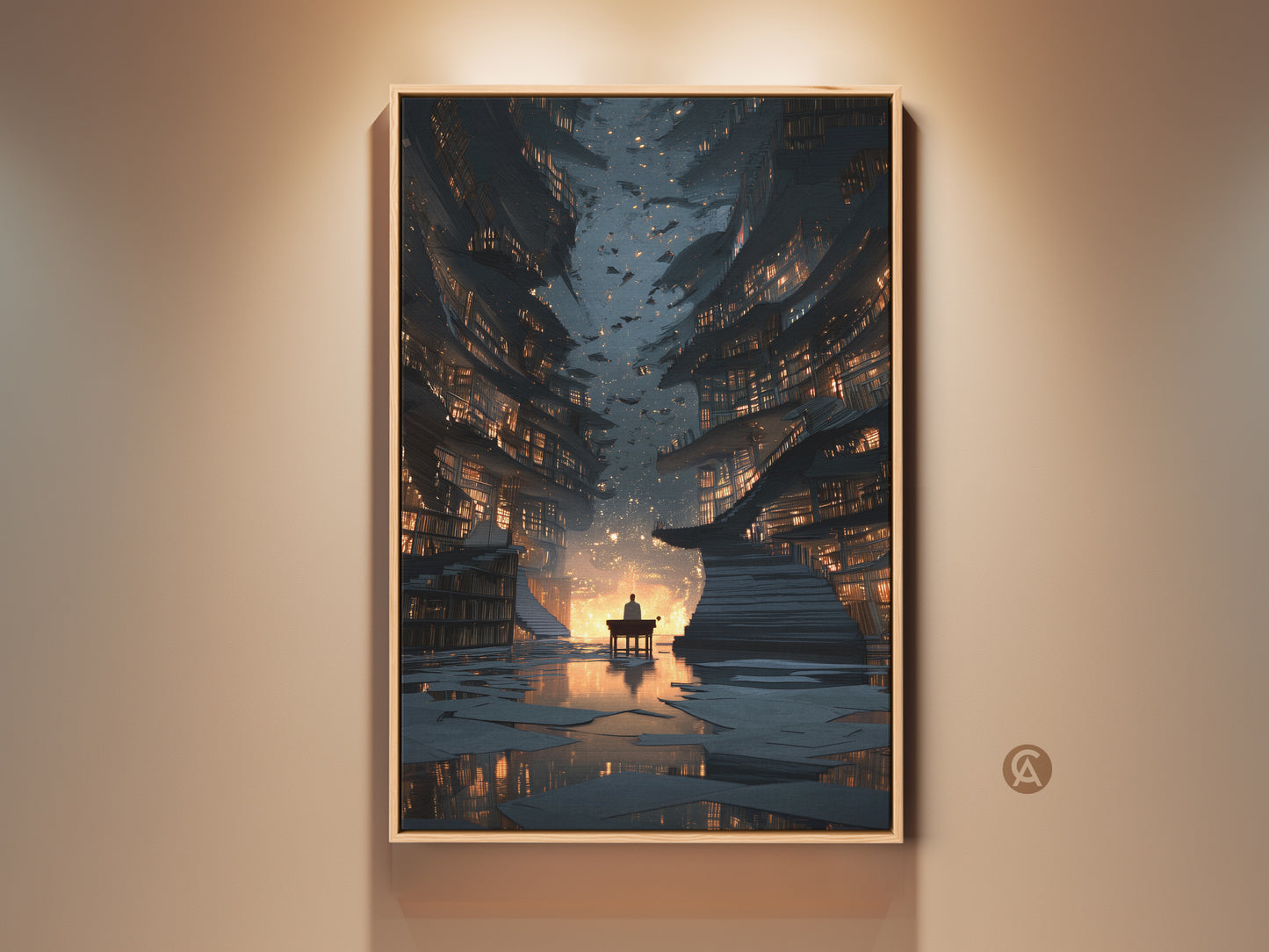 Surreal library wall art print in a gold frame. This fantasy bookstore canvas art features digital artwork for a study or office. The gold and blue tones create an eclectic home accent. This is a unique gift idea for bookworms.