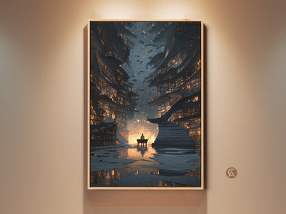 Surreal library wall art print in a gold frame. This fantasy bookstore canvas art features digital artwork for a study or office. The gold and blue tones create an eclectic home accent. This is a unique gift idea for bookworms.