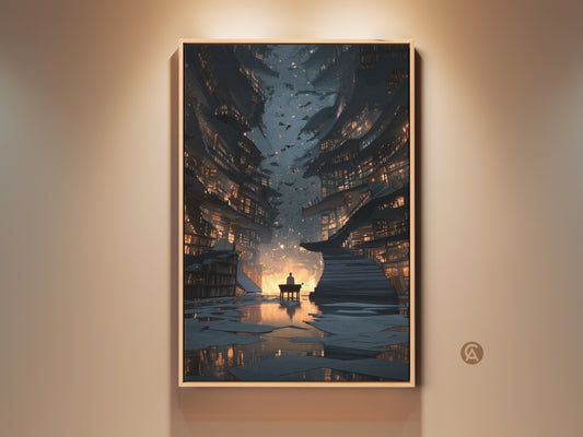 Surreal library wall art print in a gold frame. This fantasy bookstore canvas art features digital artwork for a study or office. The gold and blue tones create an eclectic home accent. This is a unique gift idea for bookworms.