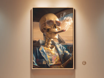 A framed artwork of a skeleton driving a car. The skeleton is wearing sunglasses and smoking a cigar. It looks like a cool customer. This unique art piece adds a touch of edgy style to any room. Perfect for those who love unique art prints and dark humor.