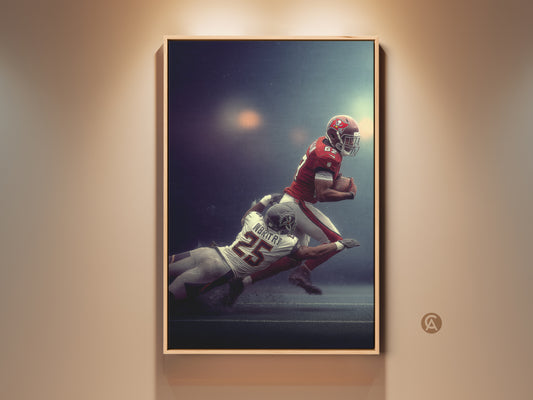 American Football Player Tackled Canvas art. A dynamic sports fan gift idea for a man cave wall. The red and blue palette artwork adds an energetic vibe to any space. Order now for a high-quality sports wall decor piece perfect for game day excitement