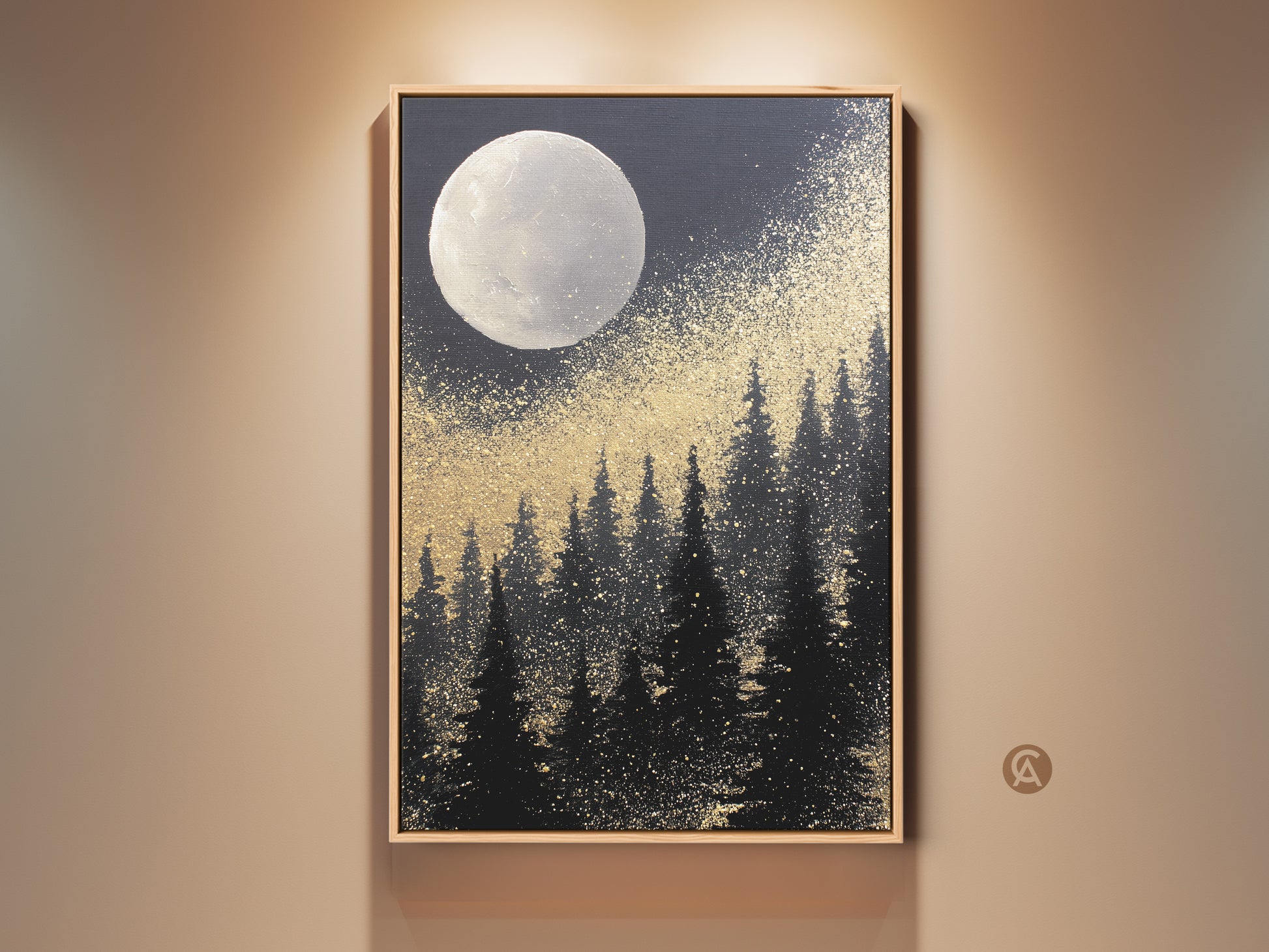 Elevate your space with this Abstract Moon Forest Canvas art. A black and gold celestial wall print brings nature's tranquility to your bedroom. The eclectic home decor features a moonlit forest landscape. This artwork adds sophistication and wonder to your walls. Perfect for those seeking a touch of nature and celestial beauty.