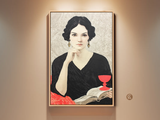 Vintage Woman Portrait Art Print. Art Nouveau style artwork on canvas. Eclectic decor in black red beige tones. Ideal book lover gift. Sophisticated bedroom wall art piece.