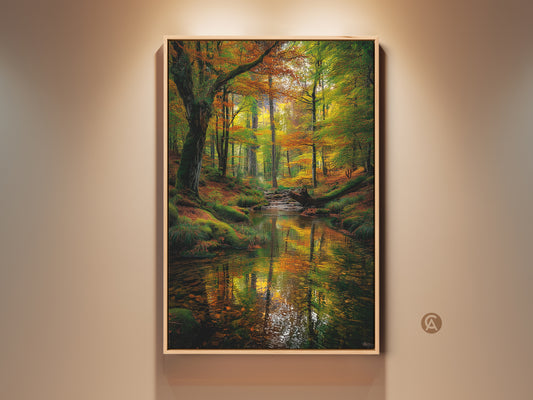 Gallery artwork featuring a serene forest stream in autumn. The vibrant fall foliage is reflected in the clear water. A framed canvas adds a touch of elegance. Perfect wall art for nature lovers. Bring the beauty of the outdoors into your home with this landscape art print.