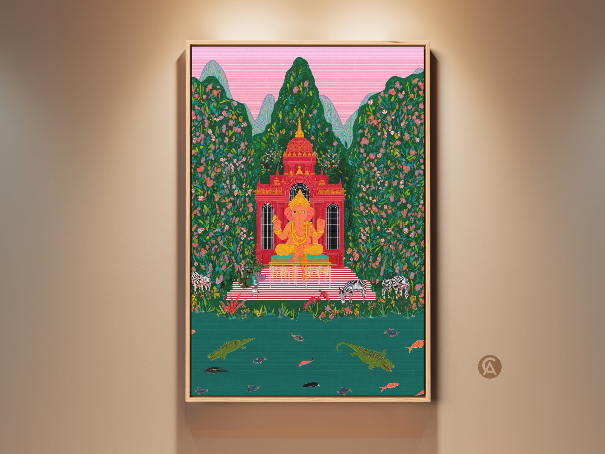 Spiritual Ganesha art print displayed in a living room. The folk artwork features an eclectic tropical jungle scene. The vibrant red pink and green colors add a unique energy. Zebras crocodiles and lush greenery surround the Hindu deity. A perfect housewarming gift or bohemian wall hanging.