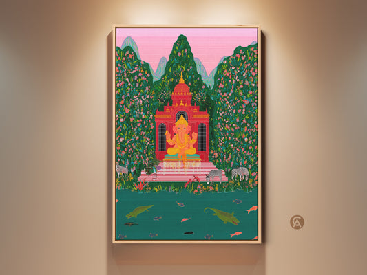Spiritual Ganesha art print displayed in a living room. The folk artwork features an eclectic tropical jungle scene. The vibrant red pink and green colors add a unique energy. Zebras crocodiles and lush greenery surround the Hindu deity. A perfect housewarming gift or bohemian wall hanging.