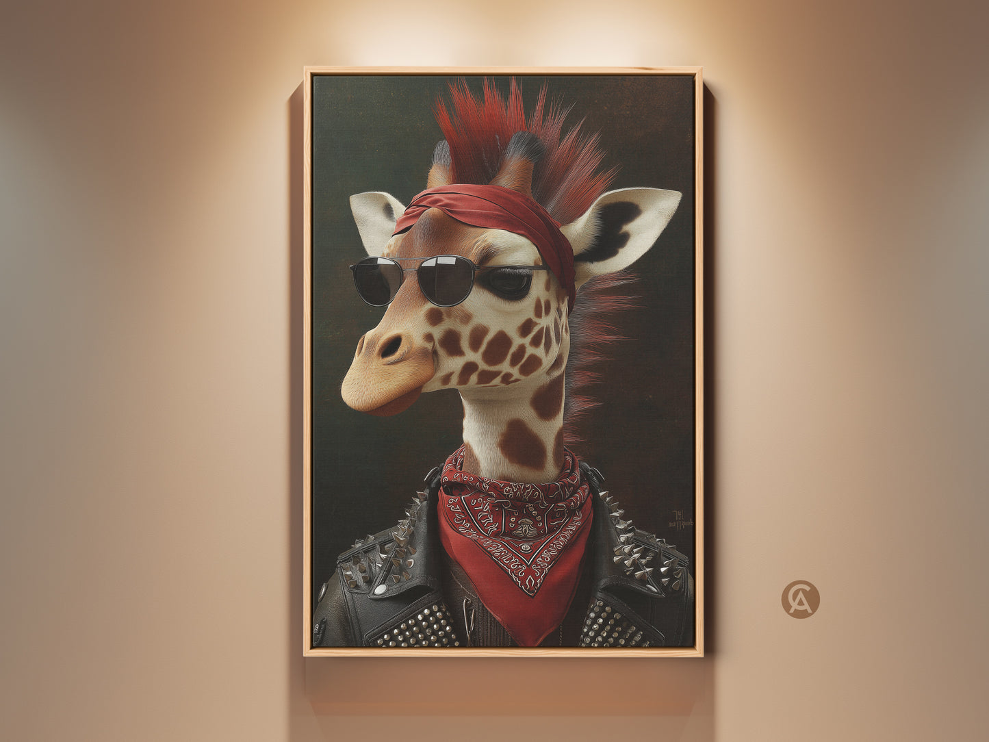 Framed punk rock giraffe artwork on display. The piece features a retro animal art style with sunglasses and bandana. Perfect eclectic wildlife decor for any room. Add personality with this unique animal portrait.