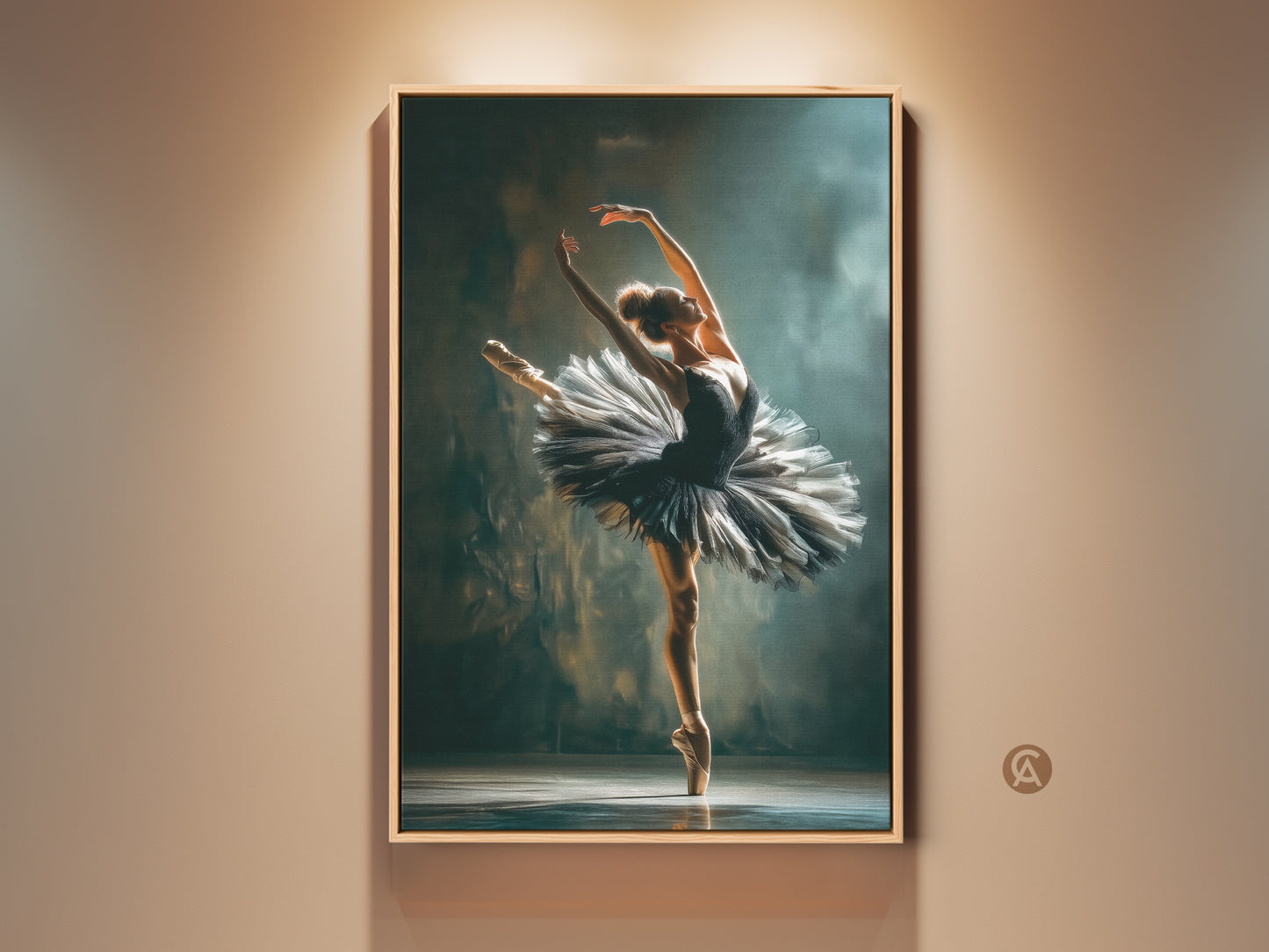 Framed ballerina art. Ballerina in a black tutu strikes a pose. The artwork is displayed in a wooden frame. Perfect for ballet lovers. Enhance your home decor with this elegant ballerina canvas art print.