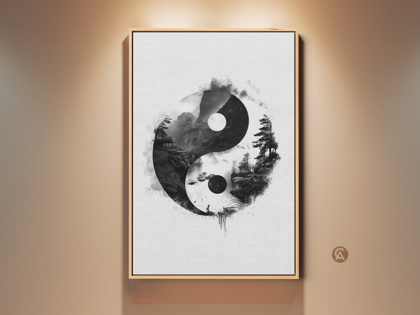 Framed Zen Yin Yang Landscape Art Print. The minimalist pagoda canvas features an ink wash style. This black and white meditation gift promotes balanced energy and is perfect for serene home decor.