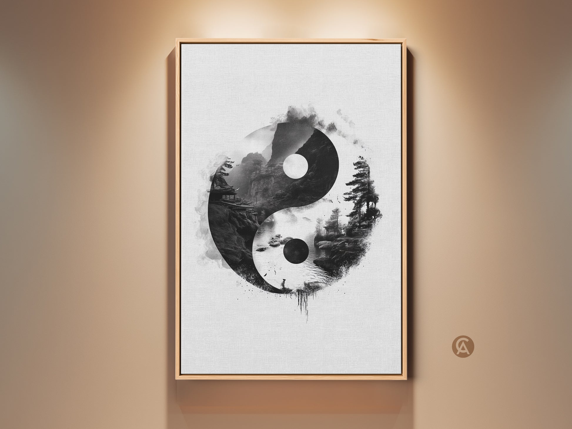 Framed Zen Yin Yang Landscape Art Print. The minimalist pagoda canvas features an ink wash style. This black and white meditation gift promotes balanced energy and is perfect for serene home decor.